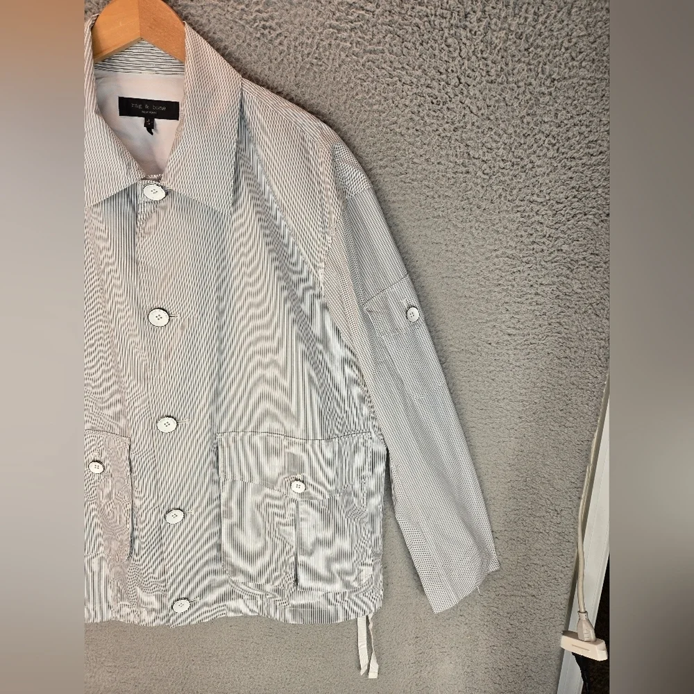 Rage & Bone Cade Mens Poplin Lightweight Jacket Sz L Light Blue & White Stripes